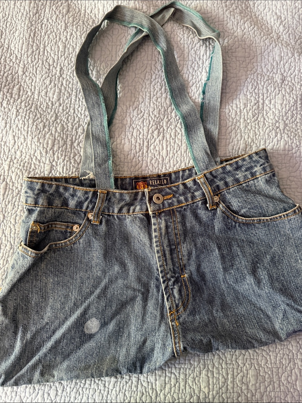 Vintage. Route 66. Women’s Denim Jeans with Shoulder Straps - Light Blue